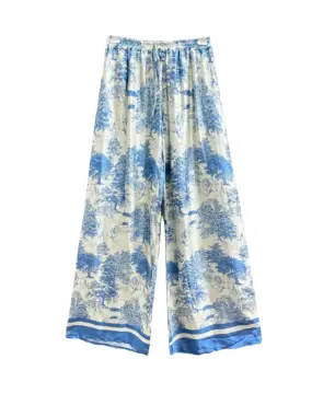 Pants Toile de Jouy pattern with silk denim blue