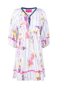 white dress with blue and pink ikat pattern